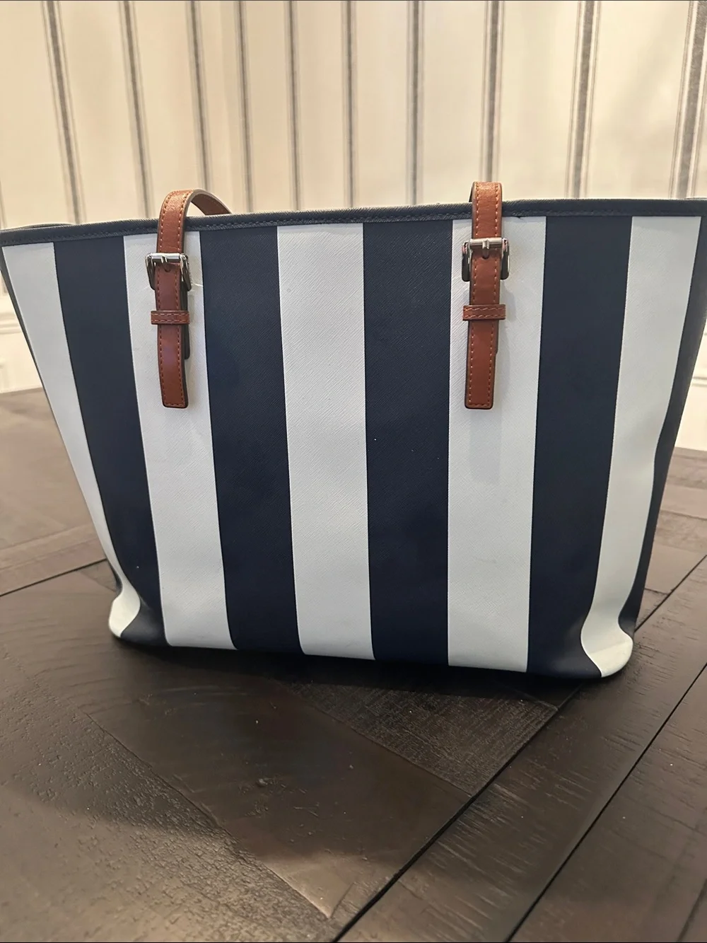 Michael Kors Striped Navy and White Tote with Brown Leather Handles